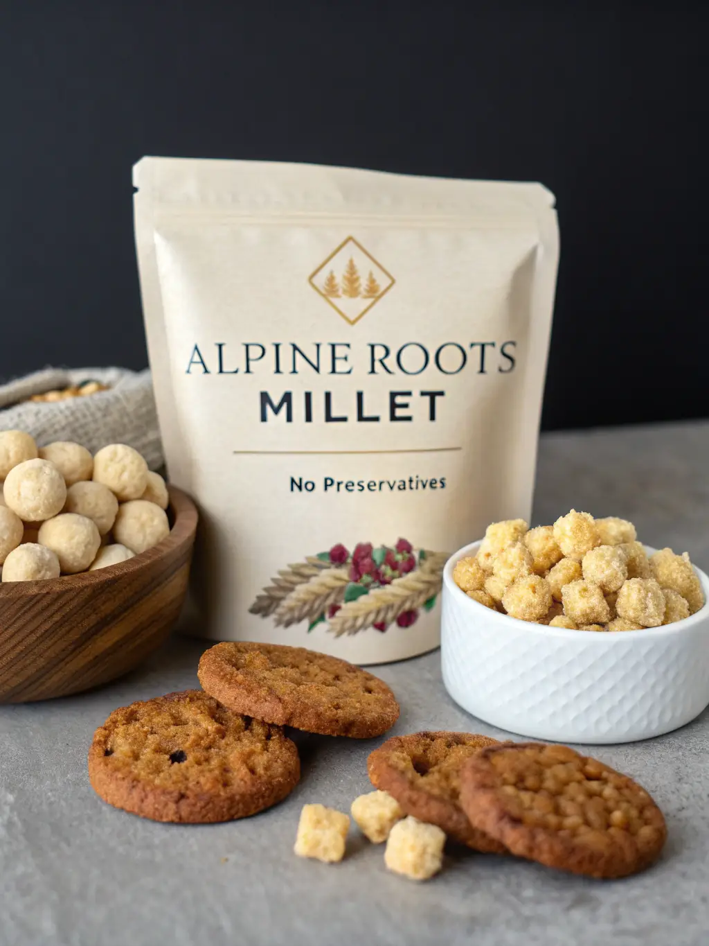 A clean and minimalist image showcasing Alpine Roots products with a 'No Preservatives' label, highlighting the brand's commitment to natural food.