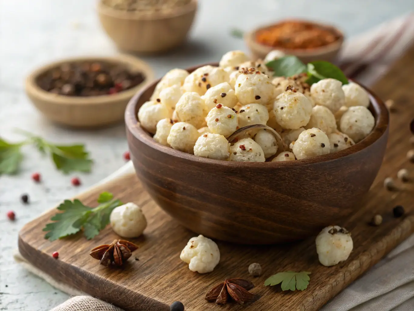 A vibrant image of millet puffs in a bowl, showcasing their light, airy texture and natural color, used to showcase Alpine Roots' Millet Puffs product.