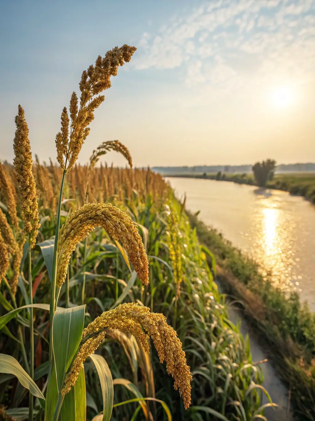 A close-up shot of a field of millet swaying in the Himalayan breeze, emphasizing the natural and untouched environment where Alpine Roots' ingredients are sourced.