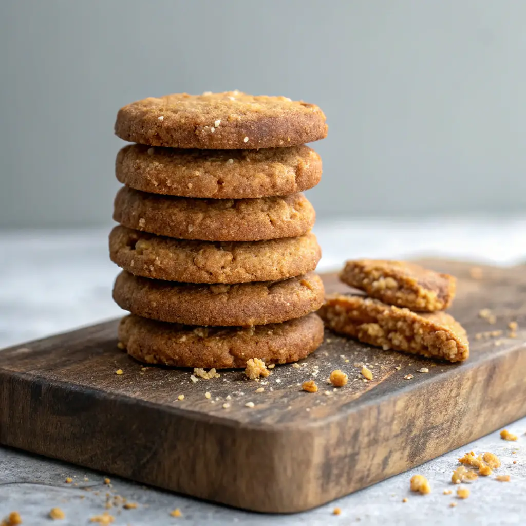A stack of Alpine Roots Millet Cookies, highlighting their natural ingredients and delicious appearance.